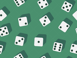 Dice seamless pattern. Dice scattered on the casino gaming table. Template design for banner, poster and promotional items. Vector illustration