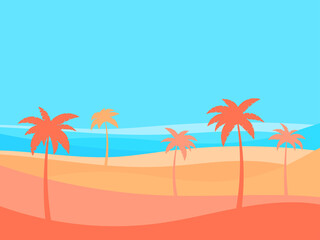 Beach with palm trees and sun in the background of the desert. Summer time. Tropical landscape in flat style. Coastline. Design for banners, posters and promotional items. Vector illustration
