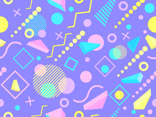 Geometric seamless pattern in 80s memphis style. Isometric geometric 3D shapes. Trendy retro background for printing on paper, promotional materials and fabric. Vector illustration