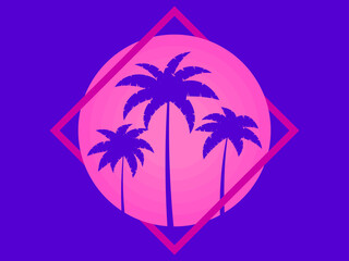 Summer time 80s retro sci-fi palm trees at sunset. Scarlet sun in a square frame. Synthwave and Retrowave style. Design for banner, poster and promotional items. Vector illustration