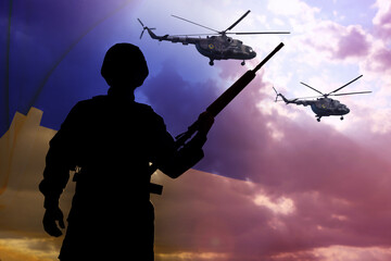 Stop war in Ukraine. Military helicopters and silhouette of soldier outdoors. Double exposure of...