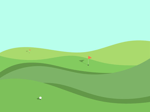 Golf field. Wavy green meadow in a minimalist style. Golf course with holes and red flags. Landscape with green fields. Design for advertising products and posters. Vector illustration