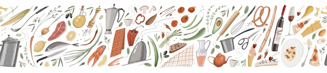 Hand drawn restaurant seamless border. French and italian food. Vintage background. Cute cartoon style. Stock illustration.