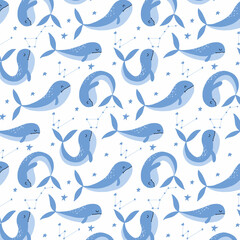 Seamless pattern with cute blue whales and seaweeds. Children's hand-drawn pattern. Vector pattern with sea animals.