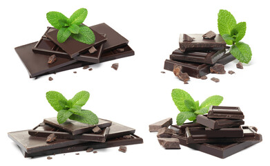 Set with tasty dark chocolate and mint on white background
