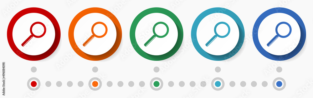 Poster Search sign, glass concept vector icon set, flat design colorful buttons, infographic template in 5 color options