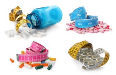 Set with weight loss pills and measuring tapes on white background