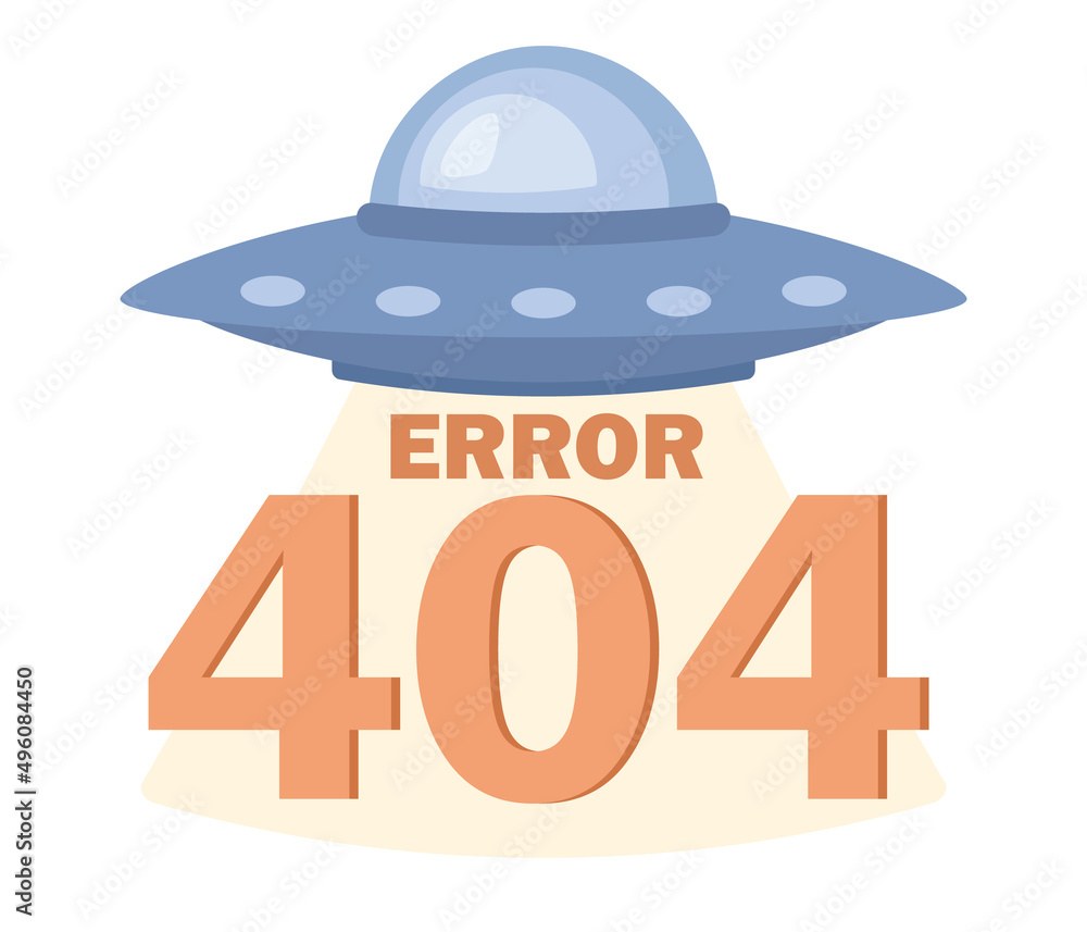 Poster 404 error icon with alien spaceship. page lost and message not found. ufo. vector flat illustration