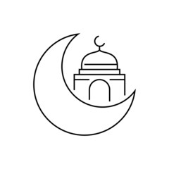 Ramadan thin line icon. Moon with mosque. Islam religion. Vector illustration.