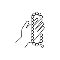 Rosary beads, praying hands. Islam, religious accessory. Thin line icon. Vector illustration.