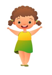 Little girl preschooler. Person in summer clothes. Cheerful funny kid. Baby joy. Cartoon style illustration. Flat design. Cute child. Isolated on white background. Vector