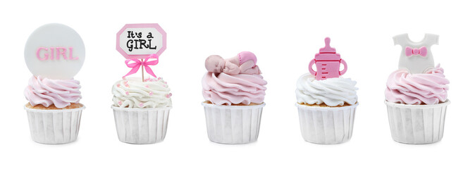 Beautifully decorated baby shower cupcakes for girl on white background, collage. Banner design