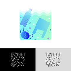 Plastic pollution. Plastic bottle, plastic bottle and medical mask in ocean or sea. Thin line icon. Overconsumption. Trash under water. Vector illustration.