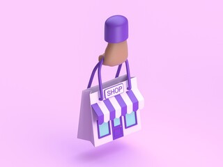 Hand holding a 3D shop bag. 3D render