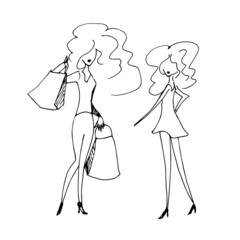 Fashion girls with bags. Vector silhouette, outline