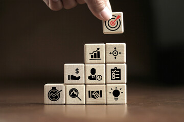 hand stack woods block step on table with icon action plan goals and goals Success Concepts and Business Goals project management Company strategy development on a dark background.