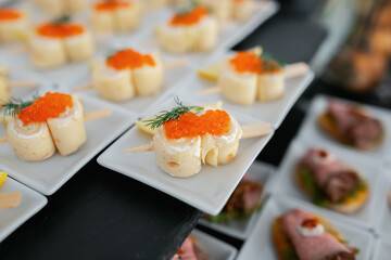 Buffet table at the wedding. Snacks and canapes