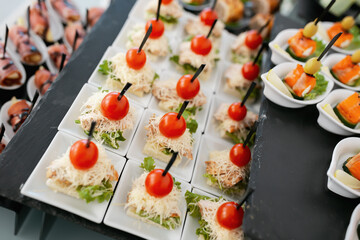 Buffet table at the wedding. Snacks and canapes