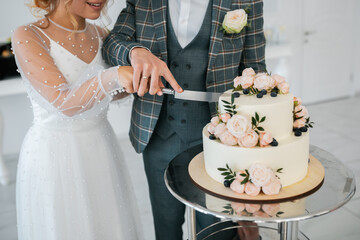 The wedding cake. Stylish happy newlyweds, elegant satisfied bride. Newlyweds gathering - obrazy, fototapety, plakaty