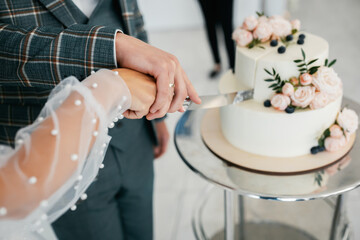 Fototapeta na wymiar The wedding cake. Stylish happy newlyweds, elegant satisfied bride. Newlyweds gathering
