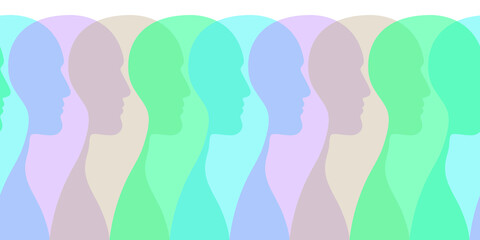 Colored man profiles side view seamless pattern. Male transparent silhouettes in a row. Vector illustration