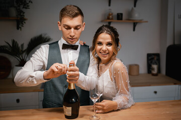 Stylish happy newlyweds, elegant satisfied bride. Newlyweds gathering