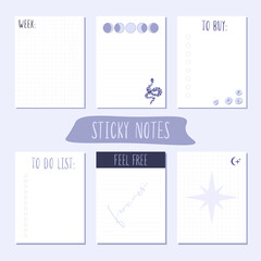 Sticky notes with magic herbs, bottles and stars