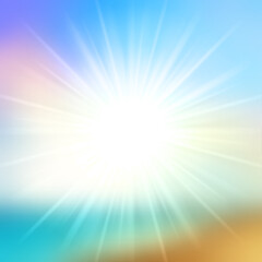 Summer background sky and sun light with lens flare, beach landscape tropical sea. Vector illustration.