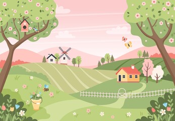 Spring landscape with trees, fields, houses and windmill. Easter background, countryside landscape. Vector illustration in flat style