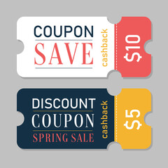 Special offer gift coupon template to save money. Monetary voucher with 5, 10 dollar discount for shopping vector illustration isolated on white background