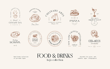 Food and drinks hand drawn logo design collection for brand identity or packaging