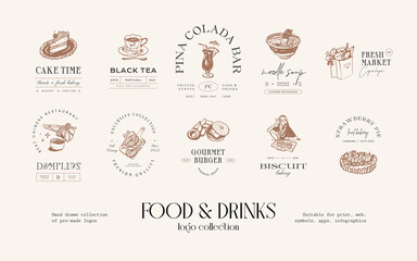 Food and drinks hand drawn logo design collection for brand identity or packaging