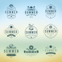 Summer holidays labels or badges retro typography vector design templates set. Silhouettes and icons for posters, greeting cards and advertising.