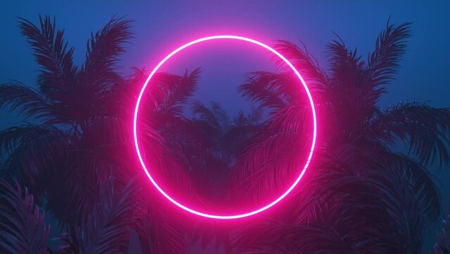 Retrowave glowing rectangle frame appears in the tropical palm tree zoom in