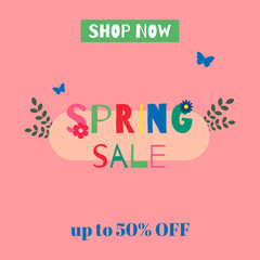 Spring sale offer up to 50% off with decorative elements. Flat vector illustration