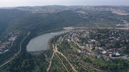 Jerusalem Dam in the spring aerial view
Drone view over Beit zait barrage , April 2022  
