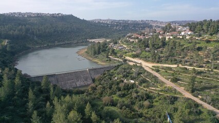 Fototapeta na wymiar Jerusalem Dam in the spring aerial view Drone view over Beit zait barrage , April 2022 