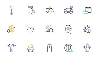 Pants, Seo phone and Coins bags line icons for website, printing. Collection of Piggy bank, New house, Internet icons. Agent, Fitness calendar, Victory web elements. Heart, Music app. Vector