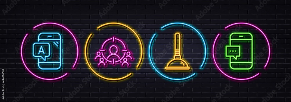 Poster ab testing, plunger and business targeting minimal line icons. neon laser 3d lights. smartphone mess