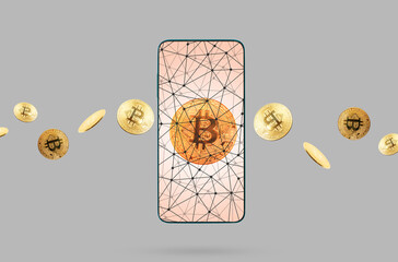 Close up of cell phone with bitcoins in screen and gray background. Concept of cryptocurrency,...