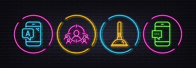 Ab testing, Plunger and Business targeting minimal line icons. Neon laser 3d lights. Smartphone message icons. For web, application, printing. Vector