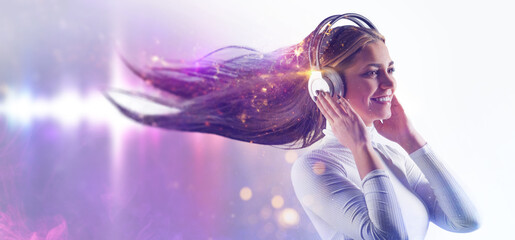 Portrait of woman in headphones listening music with closed eyes. Double exposure of female face and light flare isolated on white background. Digital art. Blue neon light. Free space for text.