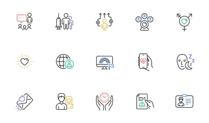 Love letter, Health app and People chatting line icons for website, printing. Collection of Lgbt, Genders, Technical documentation icons. Video conference, Sleep, Heart web elements. Vector