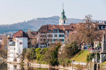 Olten, Stadt, Stadtturm, Aare, Fluss, Altstadt, historische Häuser, Bahnhof, Frühling,...