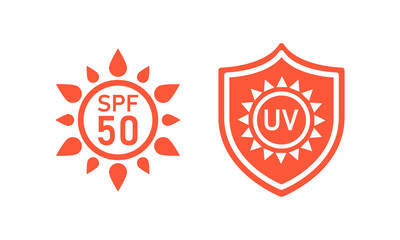 SPF 50 sun protection icons for sunscreen packaging. UVA UVB control for skin. Vector