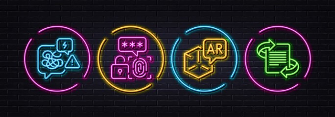 Stress, Augmented reality and Biometric security minimal line icons. Neon laser 3d lights. Marketing icons. For web, application, printing. Messy anxiety, Virtual reality, Fingerprint secure. Vector