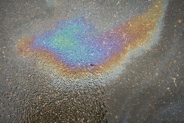 Oil slick on the asphalt road background. Rainbow gasoline oil spill on the pavement as a texture or background.