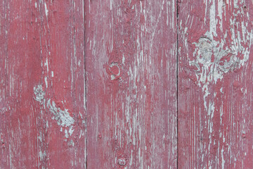 Old wooden worn fence boards weathered texture in peeling red paint dirty obsolete background