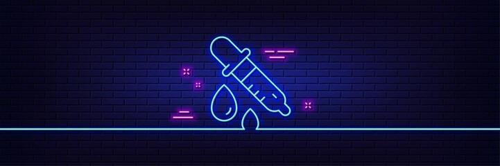 Neon light glow effect. Chemistry pipette line icon. Laboratory sign. Analysis lab symbol. 3d line neon glow icon. Brick wall banner. Chemistry pipette outline. Vector