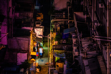20 Sept 2020 - Kowloon City, Hong Kong: Night in a dark back alley, Old town in Hong Kong - obrazy, fototapety, plakaty